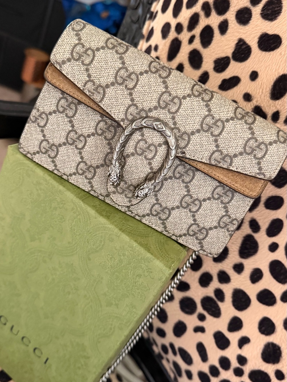 Gucci Beige GG Supreme Dionysus Crossbody with Silver-Tone Hardware